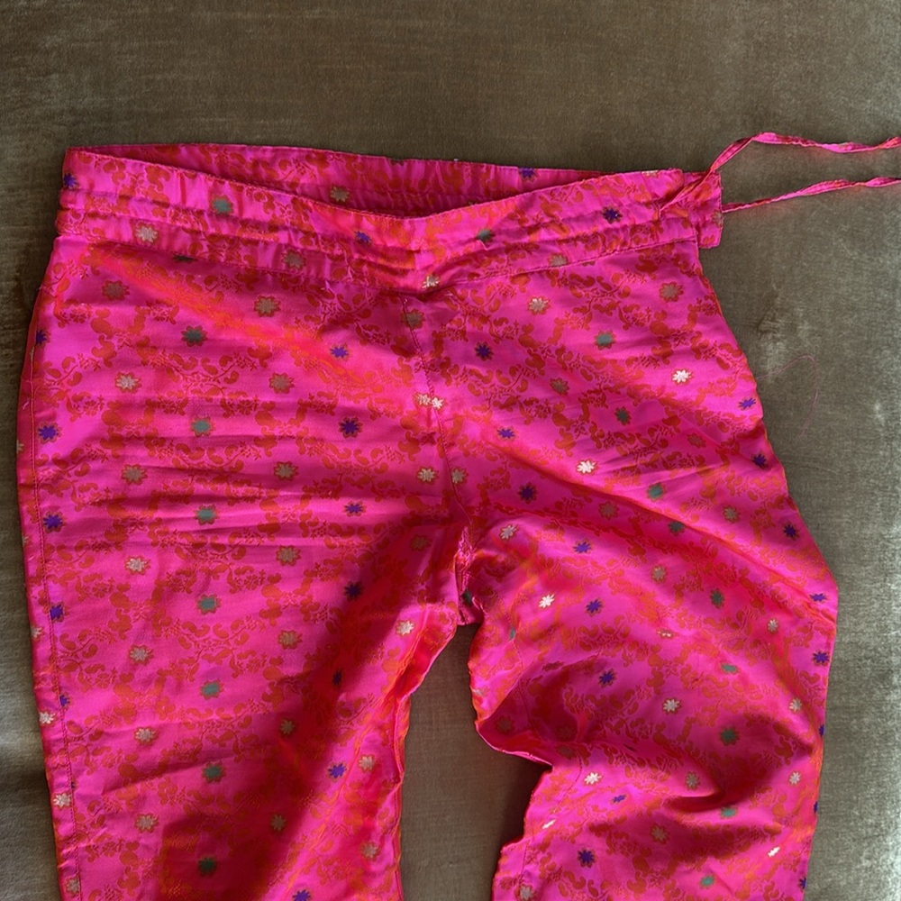 Satin Cropped Capri Summer pants Tie waist Bright pink Gold floral Green Purpl - Picture 5 of 10
